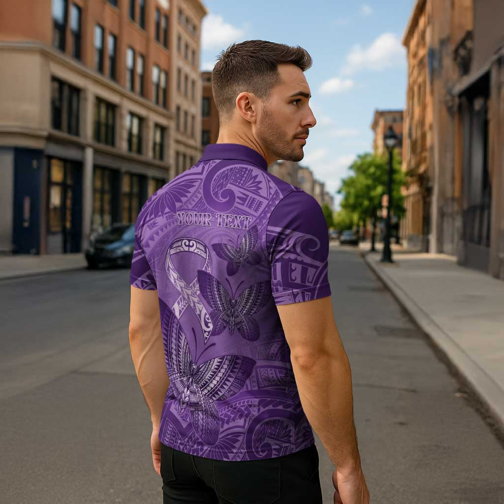 Personalised Polynesia Lupus Awareness Month Zipper Polo Shirt Warrior Purple Ribbon Polynesian Butterflies