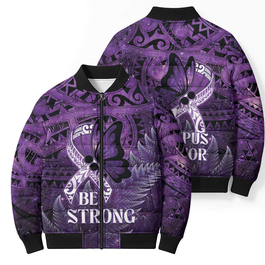 Lupus Awareness Month New Zealand Bomber Puffer Jacket Be Strong Warrior Maori Silver Fern