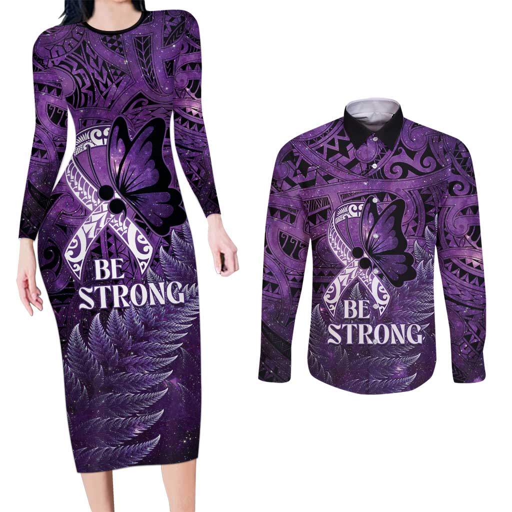 Lupus Awareness Month New Zealand Couples Matching Long Sleeve Bodycon Dress and Long Sleeve Button Shirt Be Strong Warrior Maori Silver Fern LT14 Purple - Polynesian Pride