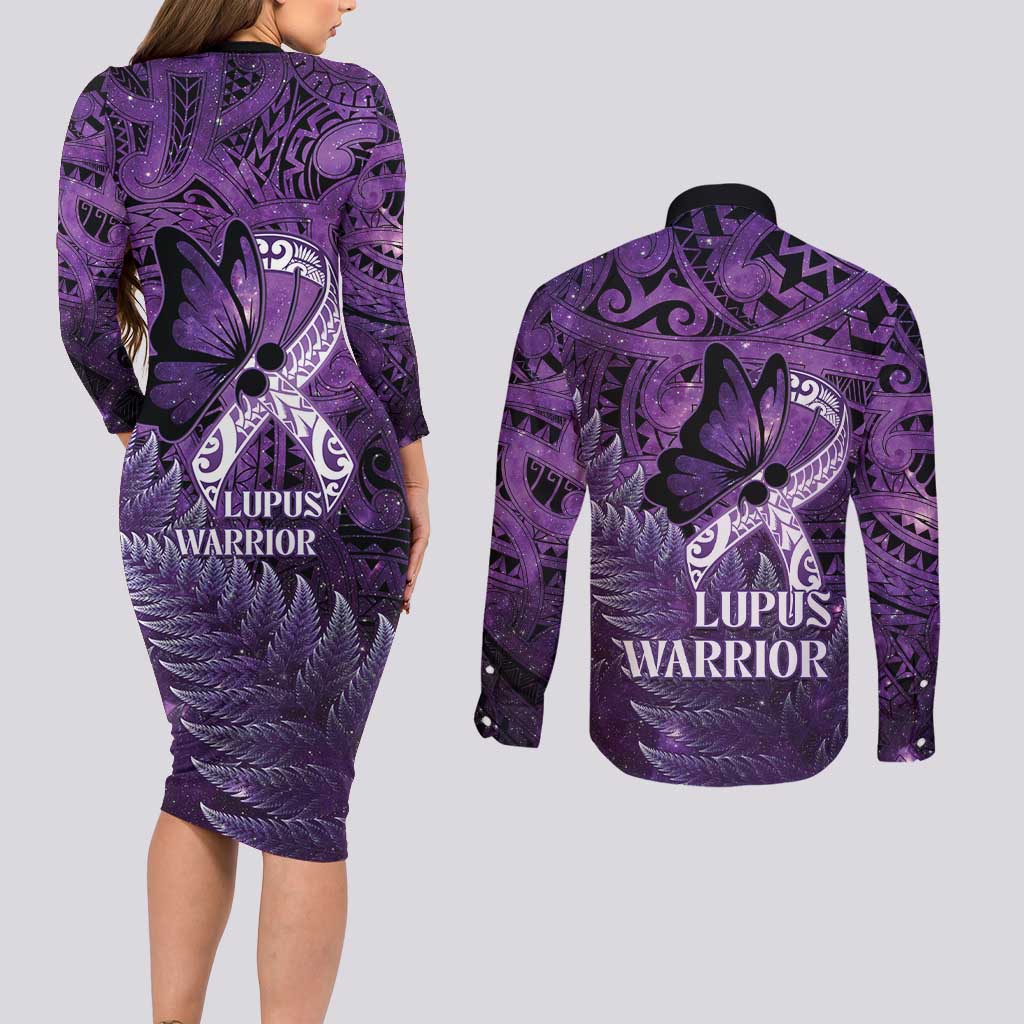 Lupus Awareness Month New Zealand Couples Matching Long Sleeve Bodycon Dress and Long Sleeve Button Shirt Be Strong Warrior Maori Silver Fern LT14 - Polynesian Pride