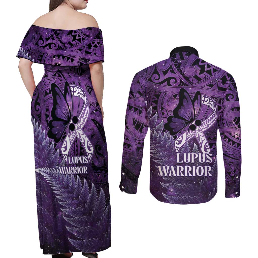 Lupus Awareness Month New Zealand Couples Matching Off Shoulder Maxi Dress and Long Sleeve Button Shirt Be Strong Warrior Maori Silver Fern LT14 - Polynesian Pride