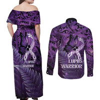Lupus Awareness Month New Zealand Couples Matching Off Shoulder Maxi Dress and Long Sleeve Button Shirt Be Strong Warrior Maori Silver Fern LT14 - Polynesian Pride
