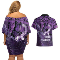 Lupus Awareness Month New Zealand Couples Matching Off Shoulder Short Dress and Hawaiian Shirt Be Strong Warrior Maori Silver Fern LT14 - Polynesian Pride