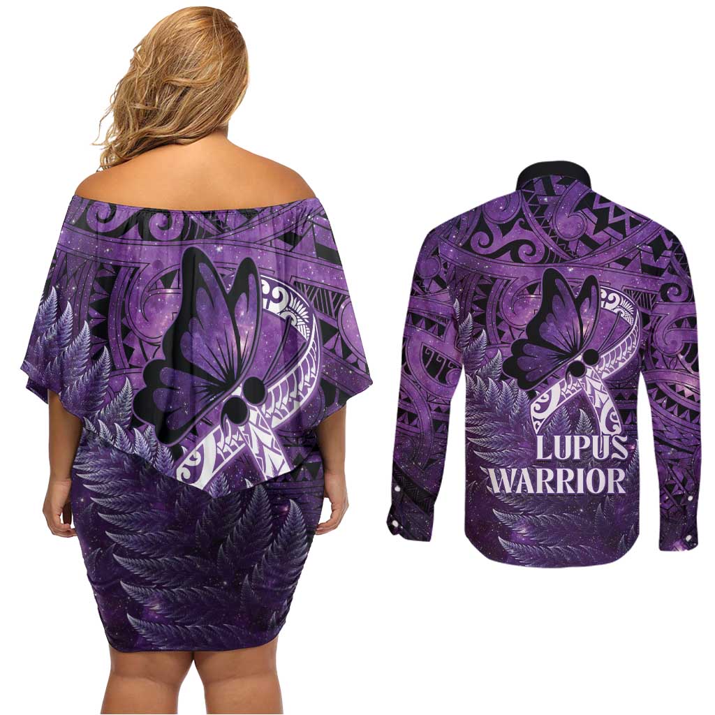 Lupus Awareness Month New Zealand Couples Matching Off Shoulder Short Dress and Long Sleeve Button Shirt Be Strong Warrior Maori Silver Fern LT14 - Polynesian Pride