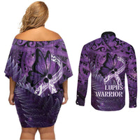 Lupus Awareness Month New Zealand Couples Matching Off Shoulder Short Dress and Long Sleeve Button Shirt Be Strong Warrior Maori Silver Fern LT14 - Polynesian Pride