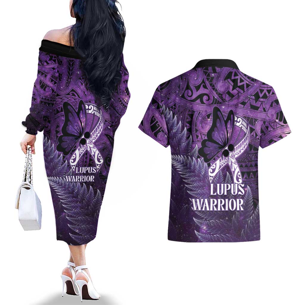 Lupus Awareness Month New Zealand Couples Matching Off The Shoulder Long Sleeve Dress and Hawaiian Shirt Be Strong Warrior Maori Silver Fern LT14 - Polynesian Pride