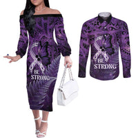 Lupus Awareness Month New Zealand Couples Matching Off The Shoulder Long Sleeve Dress and Long Sleeve Button Shirt Be Strong Warrior Maori Silver Fern LT14 Purple - Polynesian Pride