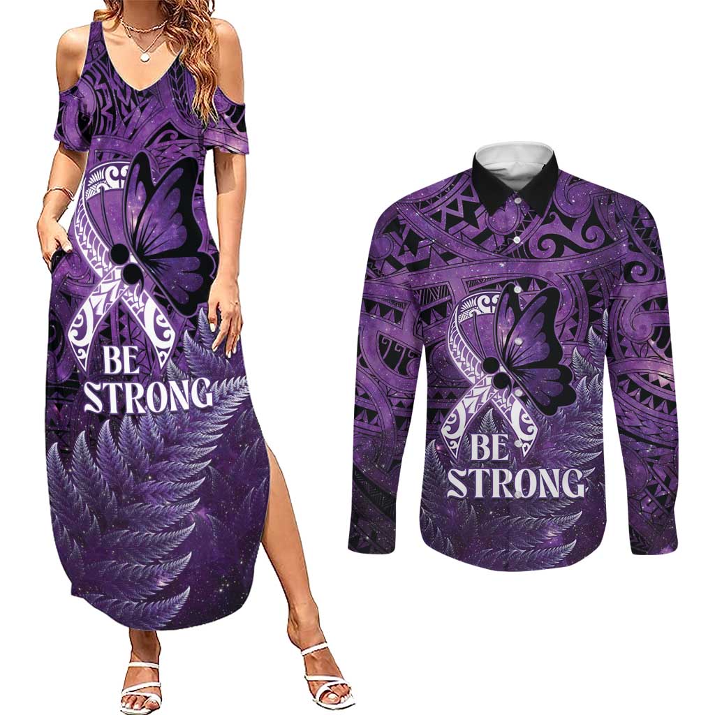 Lupus Awareness Month New Zealand Couples Matching Summer Maxi Dress and Long Sleeve Button Shirt Be Strong Warrior Maori Silver Fern LT14 Purple - Polynesian Pride