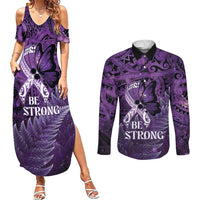 Lupus Awareness Month New Zealand Couples Matching Summer Maxi Dress and Long Sleeve Button Shirt Be Strong Warrior Maori Silver Fern LT14 Purple - Polynesian Pride