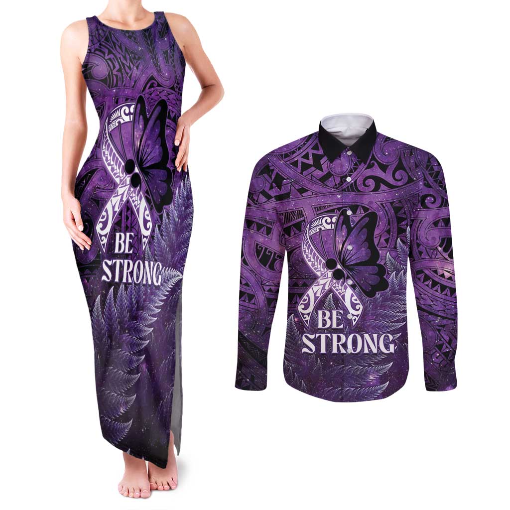 Lupus Awareness Month New Zealand Couples Matching Tank Maxi Dress and Long Sleeve Button Shirt Be Strong Warrior Maori Silver Fern LT14 Purple - Polynesian Pride