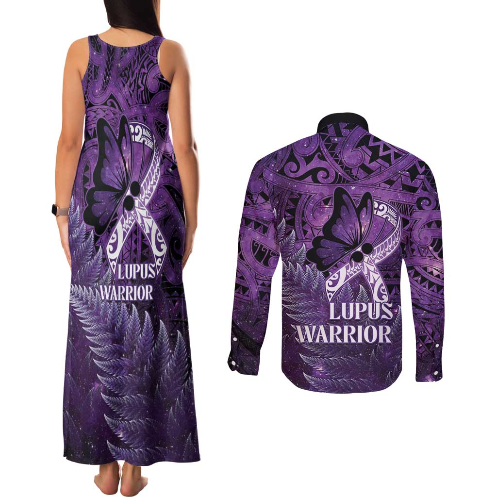 Lupus Awareness Month New Zealand Couples Matching Tank Maxi Dress and Long Sleeve Button Shirt Be Strong Warrior Maori Silver Fern LT14 - Polynesian Pride