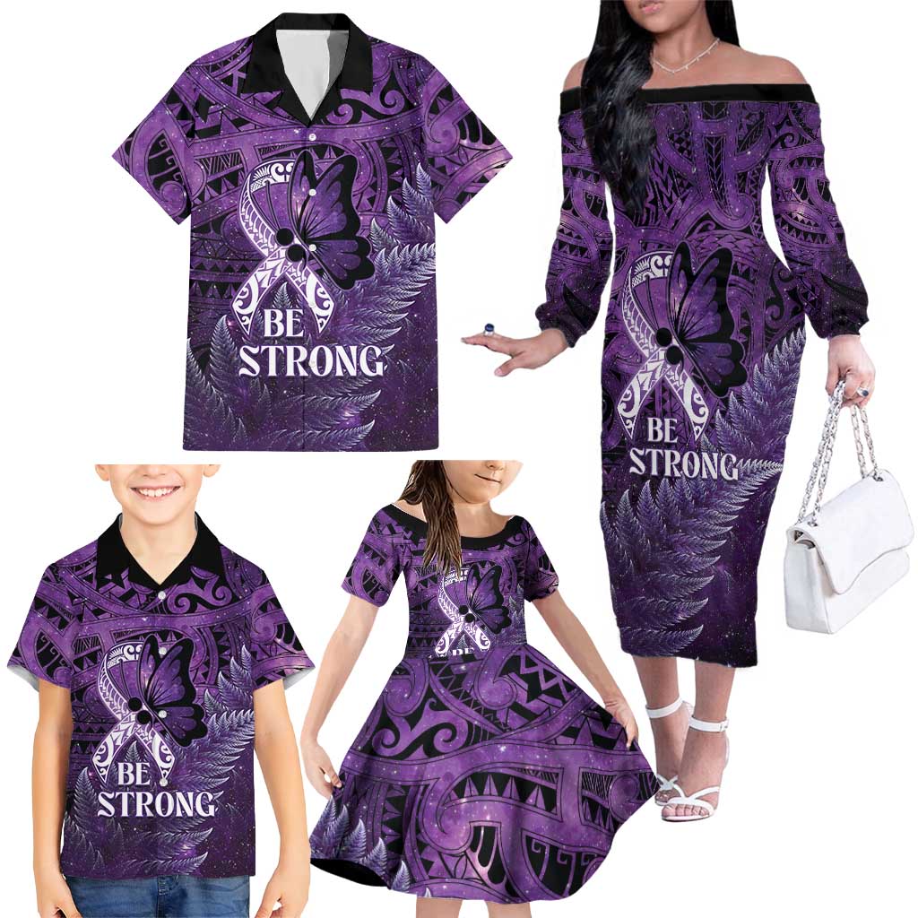 Lupus Awareness Month New Zealand Family Matching Off The Shoulder Long Sleeve Dress and Hawaiian Shirt Be Strong Warrior Maori Silver Fern LT14 - Polynesian Pride