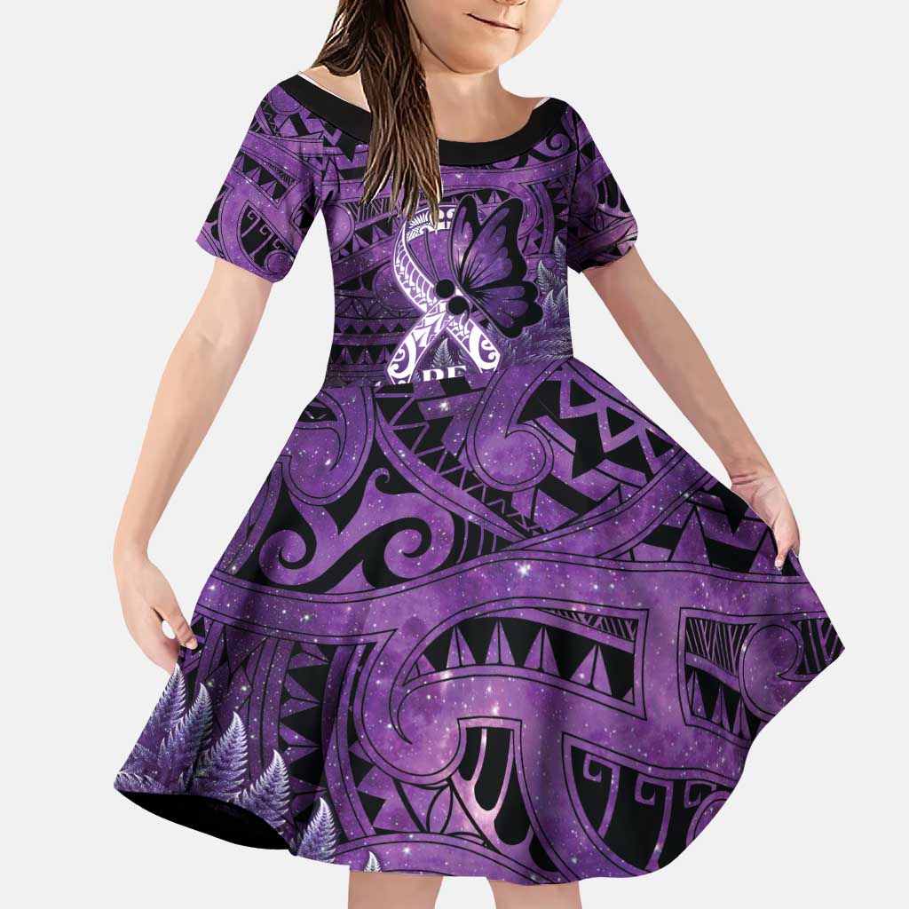 Lupus Awareness Month New Zealand Family Matching Off Shoulder Short Dress and Hawaiian Shirt Be Strong Warrior Maori Silver Fern LT14 Daughter's Dress Purple - Polynesian Pride