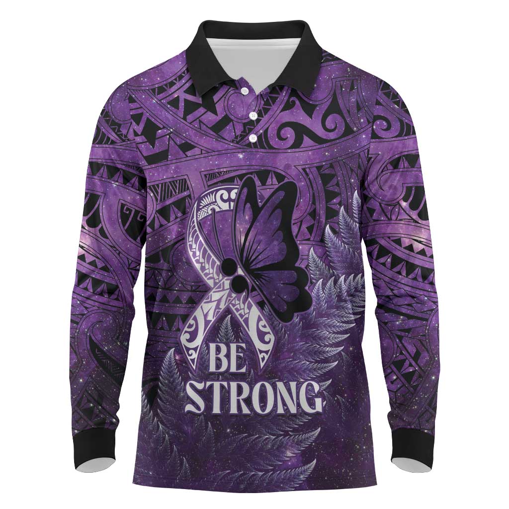Lupus Awareness Month New Zealand Long Sleeve Polo Shirt Be Strong Warrior Maori Silver Fern LT14 Purple - Polynesian Pride