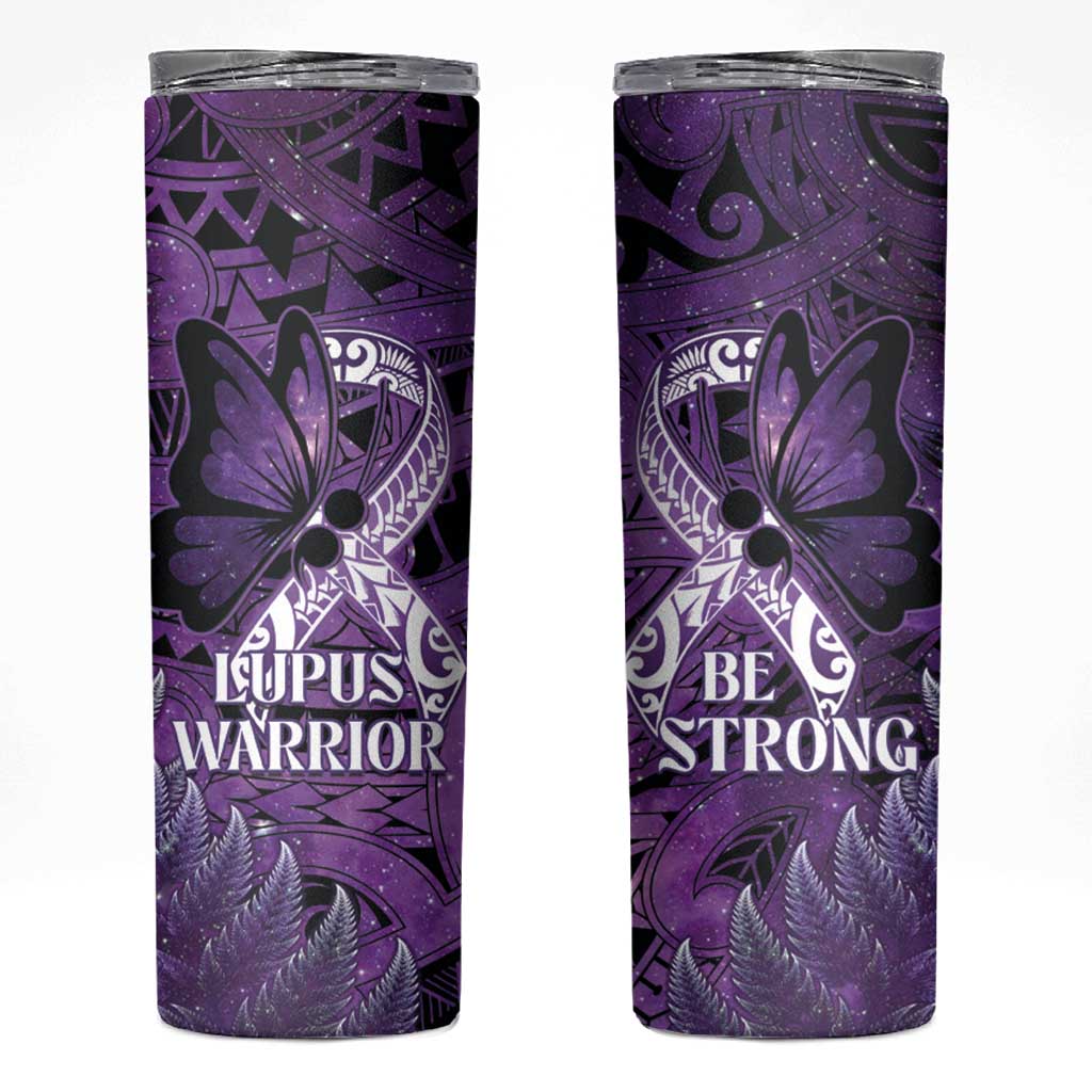 Lupus Awareness Month New Zealand Skinny Tumbler Be Strong Warrior Maori Silver Fern LT14 Purple - Polynesian Pride