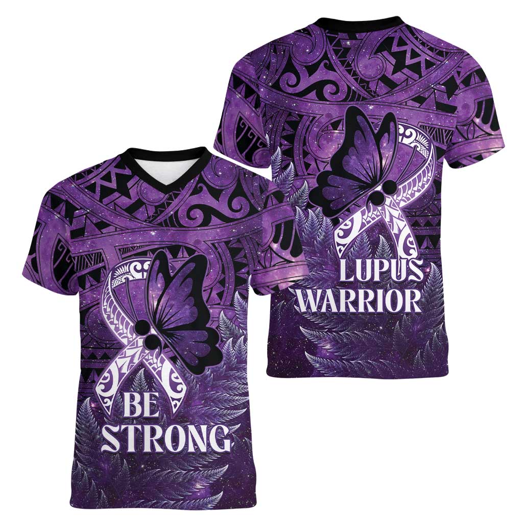 Lupus Awareness Month New Zealand Women V-Neck T-Shirt Be Strong Warrior Maori Silver Fern LT14 - Polynesian Pride