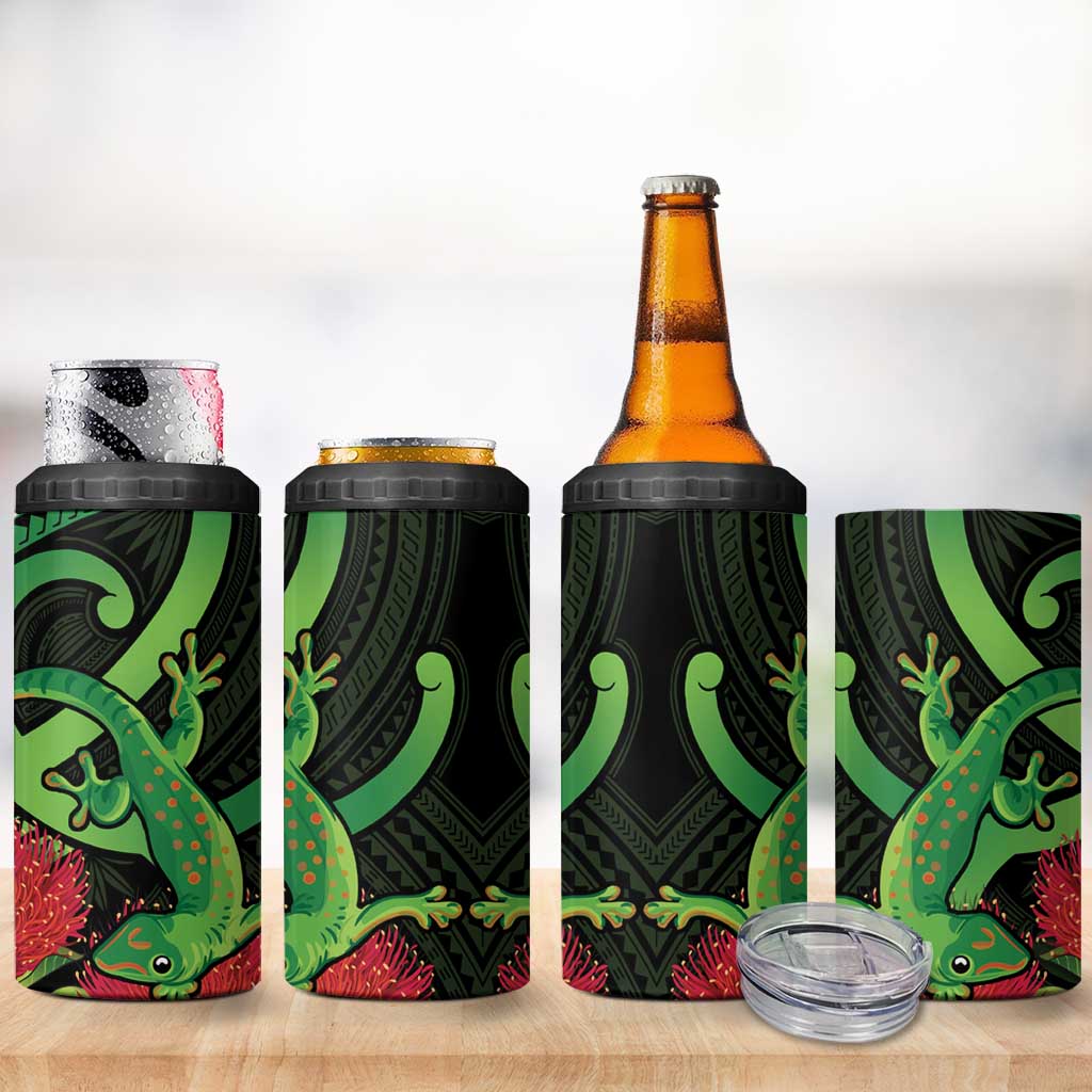 New Zealand Gecko 4 in 1 Can Cooler Tumbler Aotearoa Maori With Pohutukawa Flowers LT14 - Polynesian Pride