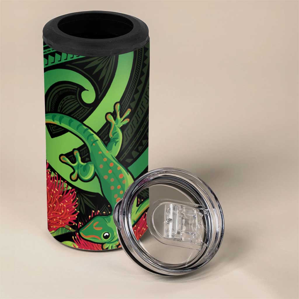 New Zealand Gecko 4 in 1 Can Cooler Tumbler Aotearoa Maori With Pohutukawa Flowers LT14 - Polynesian Pride