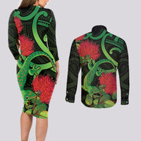 New Zealand Gecko Couples Matching Long Sleeve Bodycon Dress and Long Sleeve Button Shirt Aotearoa Maori With Pohutukawa Flowers LT14 - Polynesian Pride
