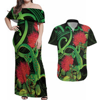 New Zealand Gecko Couples Matching Off Shoulder Maxi Dress and Hawaiian Shirt Aotearoa Maori With Pohutukawa Flowers LT14 Black - Polynesian Pride
