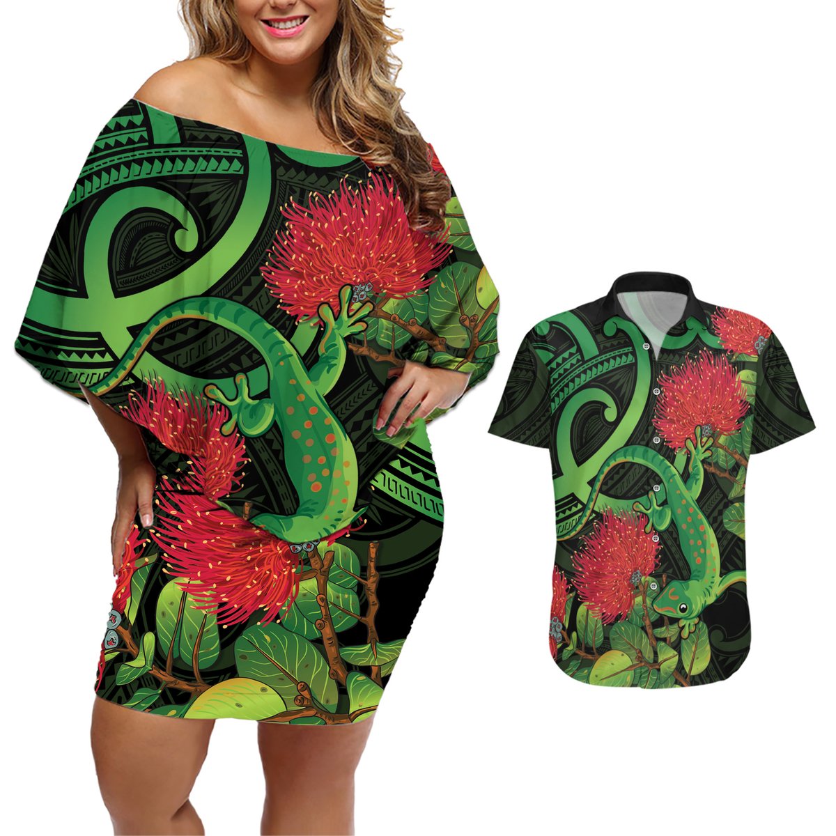 New Zealand Gecko Couples Matching Off Shoulder Short Dress and Hawaiian Shirt Aotearoa Maori With Pohutukawa Flowers LT14 Black - Polynesian Pride
