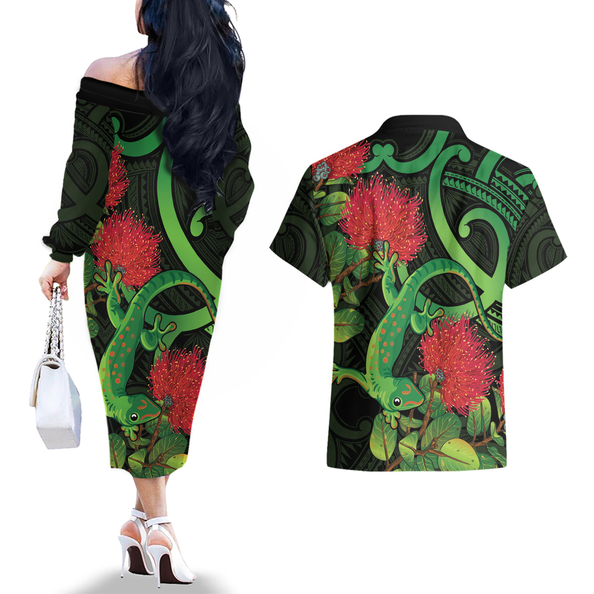 New Zealand Gecko Couples Matching Off The Shoulder Long Sleeve Dress and Hawaiian Shirt Aotearoa Maori With Pohutukawa Flowers LT14 - Polynesian Pride