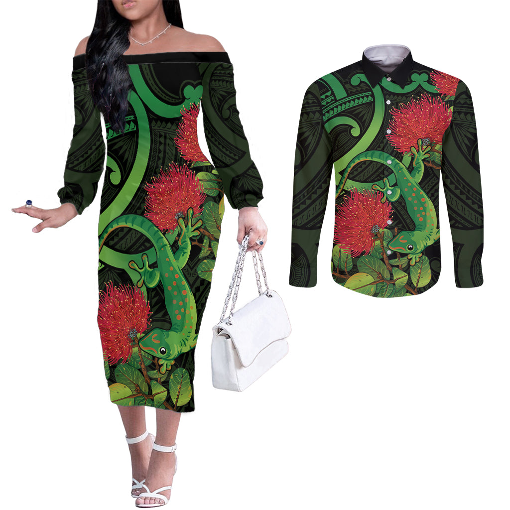 New Zealand Gecko Couples Matching Off The Shoulder Long Sleeve Dress and Long Sleeve Button Shirt Aotearoa Maori With Pohutukawa Flowers LT14 Black - Polynesian Pride