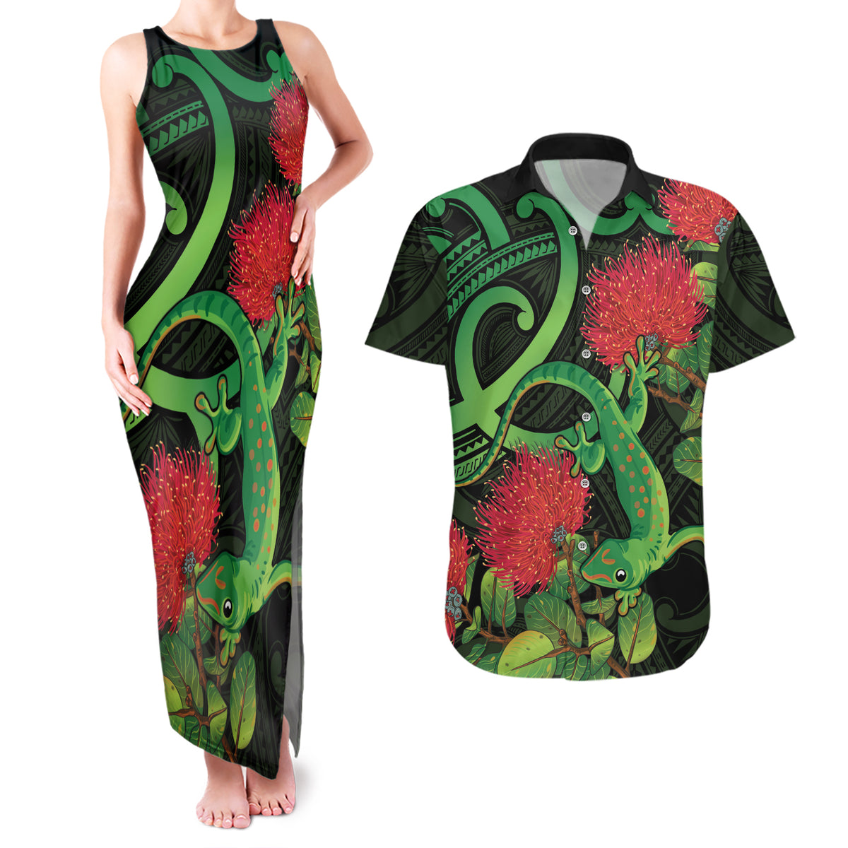 New Zealand Gecko Couples Matching Tank Maxi Dress and Hawaiian Shirt Aotearoa Maori With Pohutukawa Flowers LT14 Black - Polynesian Pride