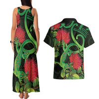 New Zealand Gecko Couples Matching Tank Maxi Dress and Hawaiian Shirt Aotearoa Maori With Pohutukawa Flowers LT14 - Polynesian Pride