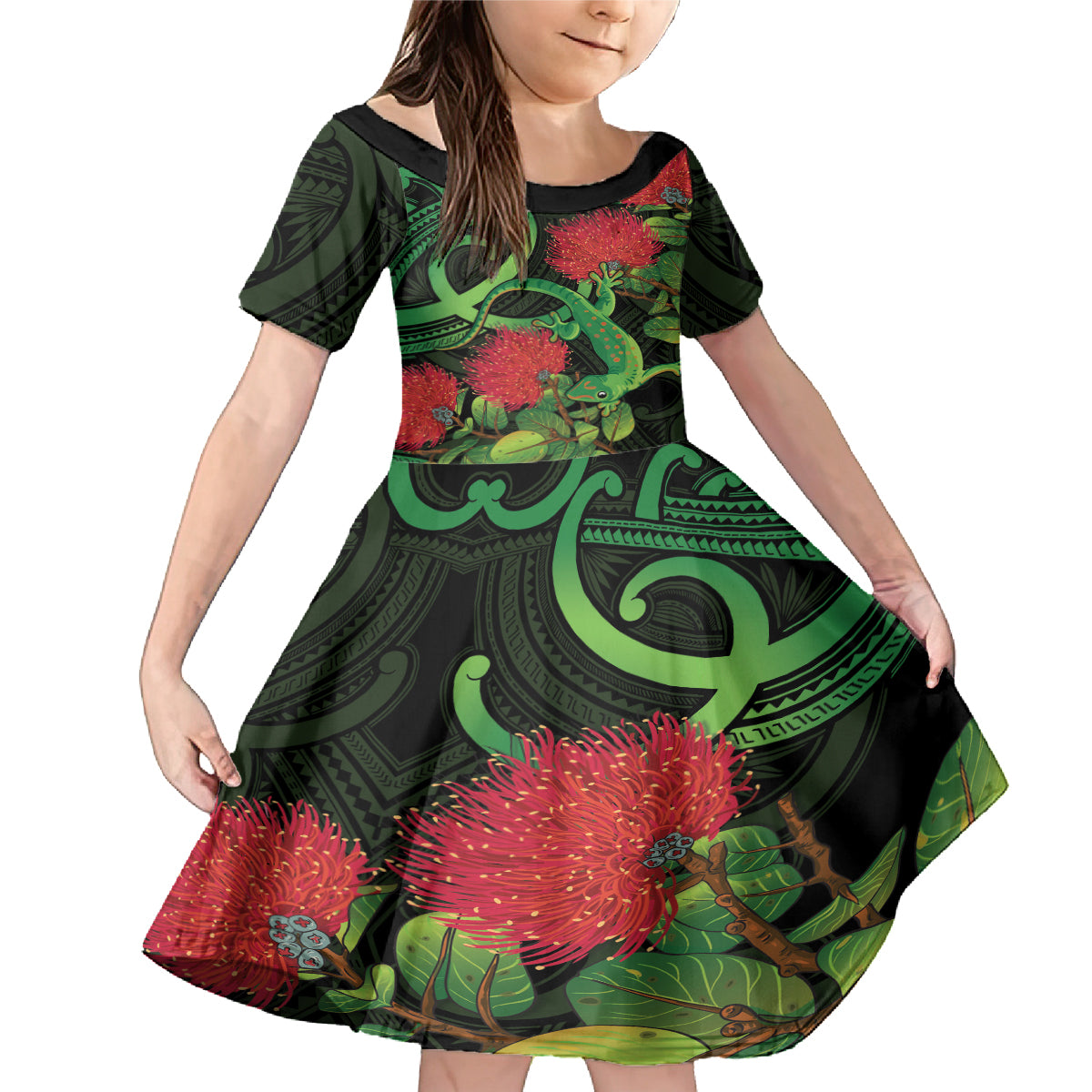 New Zealand Gecko Family Matching Mermaid Dress and Hawaiian Shirt Aotearoa Maori With Pohutukawa Flowers LT14 Daughter's Dress Black - Polynesian Pride