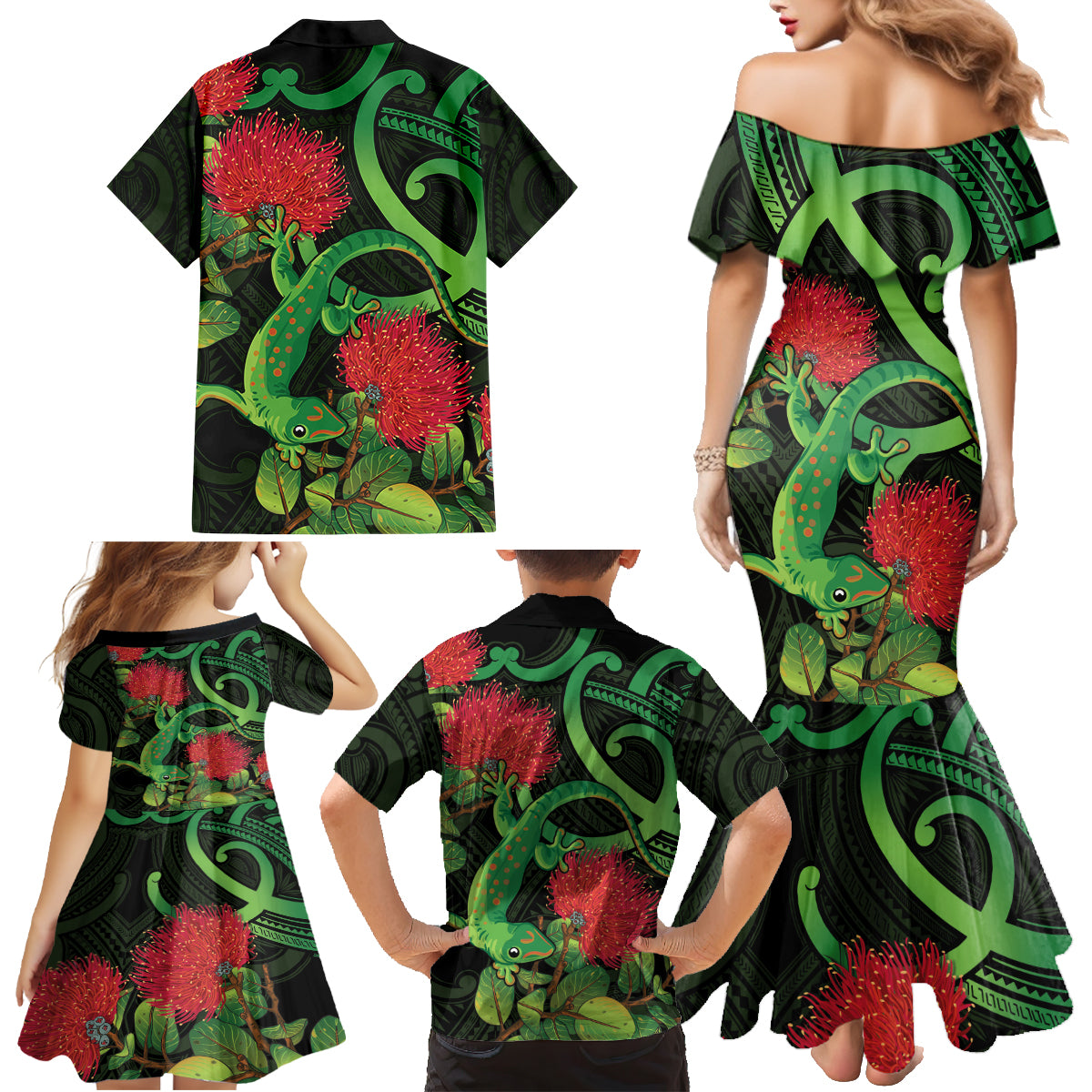 New Zealand Gecko Family Matching Mermaid Dress and Hawaiian Shirt Aotearoa Maori With Pohutukawa Flowers LT14 - Polynesian Pride