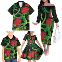 New Zealand Gecko Family Matching Off The Shoulder Long Sleeve Dress and Hawaiian Shirt Aotearoa Maori With Pohutukawa Flowers LT14 - Polynesian Pride