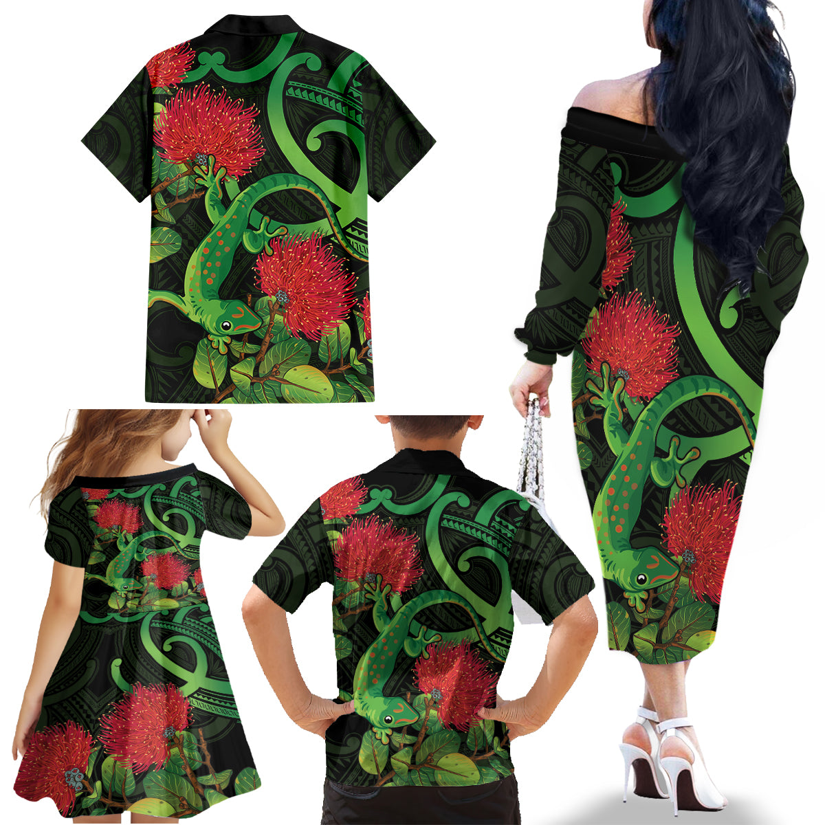New Zealand Gecko Family Matching Off The Shoulder Long Sleeve Dress and Hawaiian Shirt Aotearoa Maori With Pohutukawa Flowers LT14 - Polynesian Pride