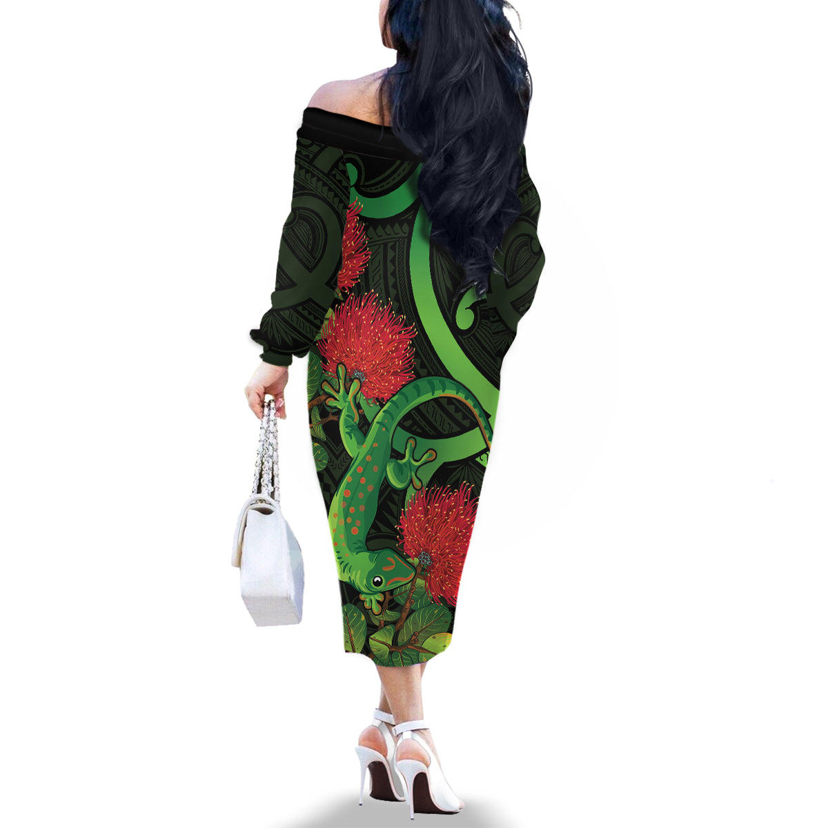 New Zealand Gecko Family Matching Off The Shoulder Long Sleeve Dress and Hawaiian Shirt Aotearoa Maori With Pohutukawa Flowers LT14 - Polynesian Pride
