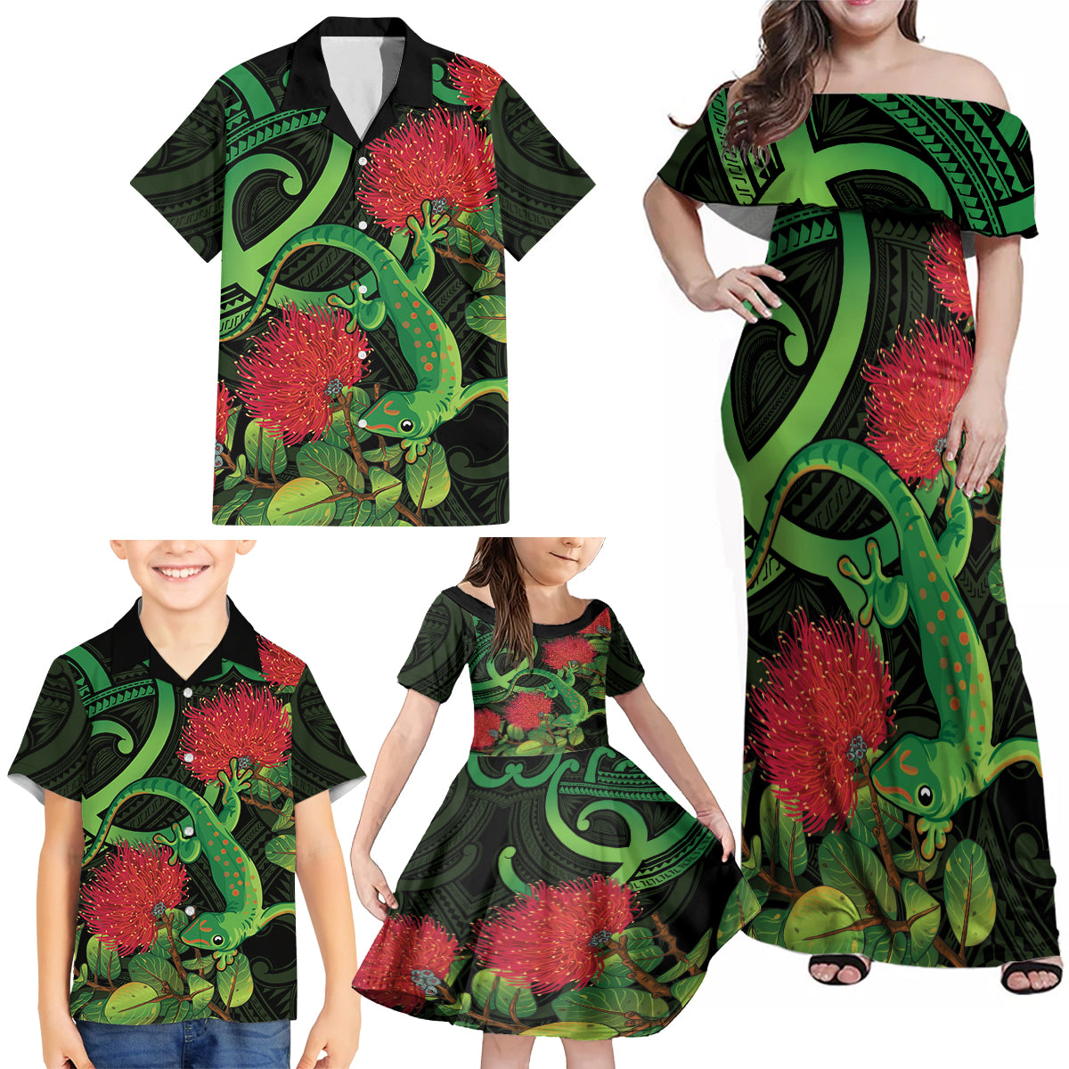 New Zealand Gecko Family Matching Off Shoulder Maxi Dress and Hawaiian Shirt Aotearoa Maori With Pohutukawa Flowers LT14 - Polynesian Pride