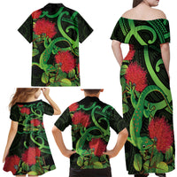 New Zealand Gecko Family Matching Off Shoulder Maxi Dress and Hawaiian Shirt Aotearoa Maori With Pohutukawa Flowers LT14 - Polynesian Pride