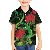 New Zealand Gecko Family Matching Off Shoulder Maxi Dress and Hawaiian Shirt Aotearoa Maori With Pohutukawa Flowers LT14 Son's Shirt Black - Polynesian Pride