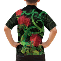New Zealand Gecko Family Matching Off Shoulder Short Dress and Hawaiian Shirt Aotearoa Maori With Pohutukawa Flowers LT14 - Polynesian Pride