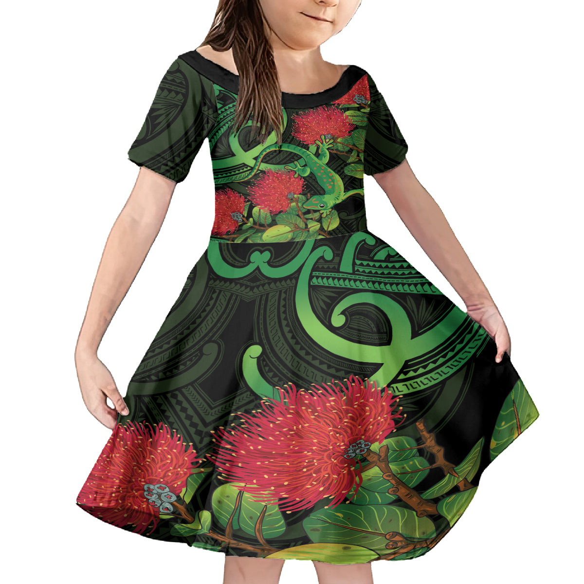 New Zealand Gecko Family Matching Off Shoulder Short Dress and Hawaiian Shirt Aotearoa Maori With Pohutukawa Flowers LT14 Daughter's Dress Black - Polynesian Pride