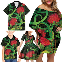 New Zealand Gecko Family Matching Off Shoulder Short Dress and Hawaiian Shirt Aotearoa Maori With Pohutukawa Flowers LT14 - Polynesian Pride
