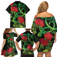 New Zealand Gecko Family Matching Off Shoulder Short Dress and Hawaiian Shirt Aotearoa Maori With Pohutukawa Flowers LT14 - Polynesian Pride