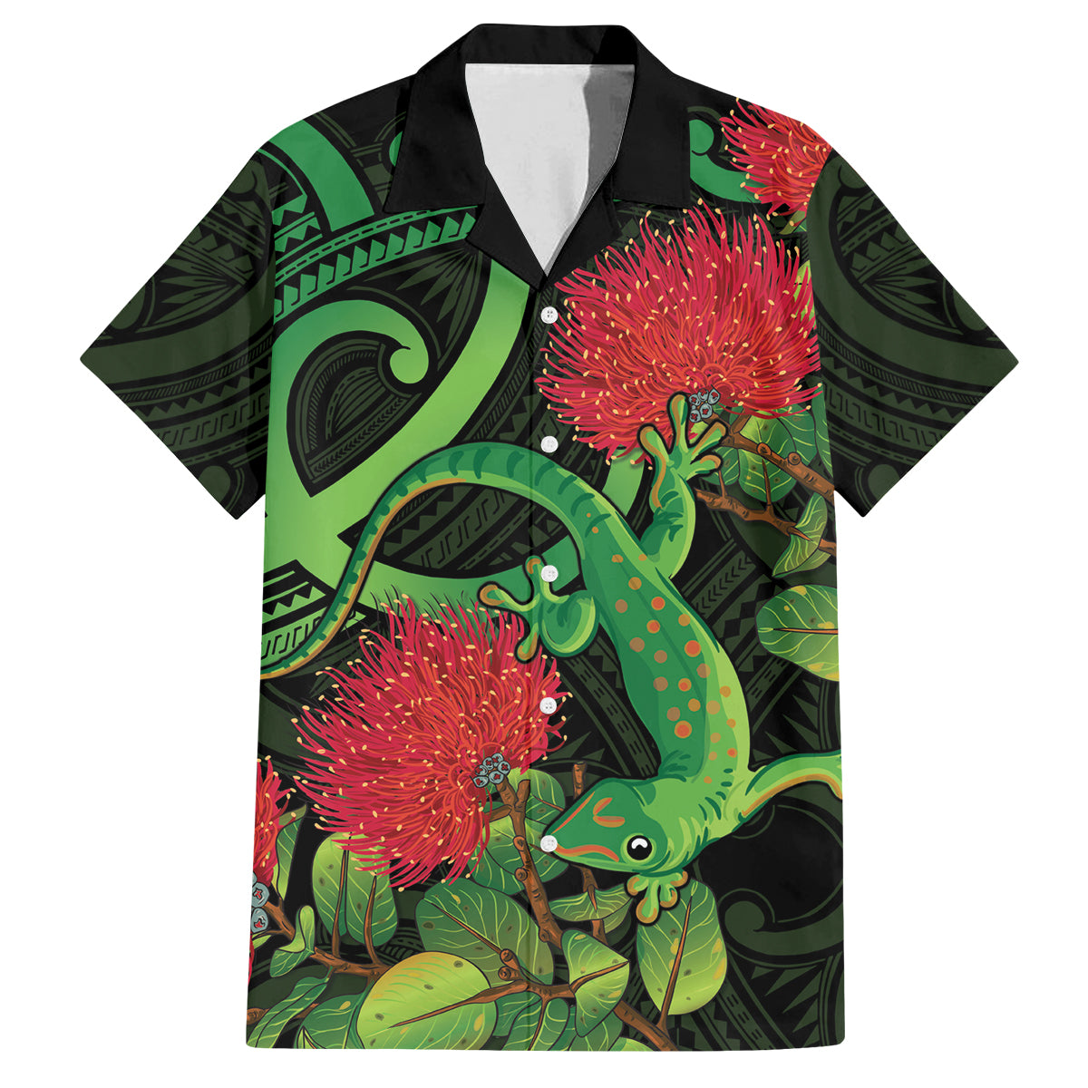 New Zealand Gecko Family Matching Off Shoulder Short Dress and Hawaiian Shirt Aotearoa Maori With Pohutukawa Flowers LT14 Dad's Shirt - Short Sleeve Black - Polynesian Pride