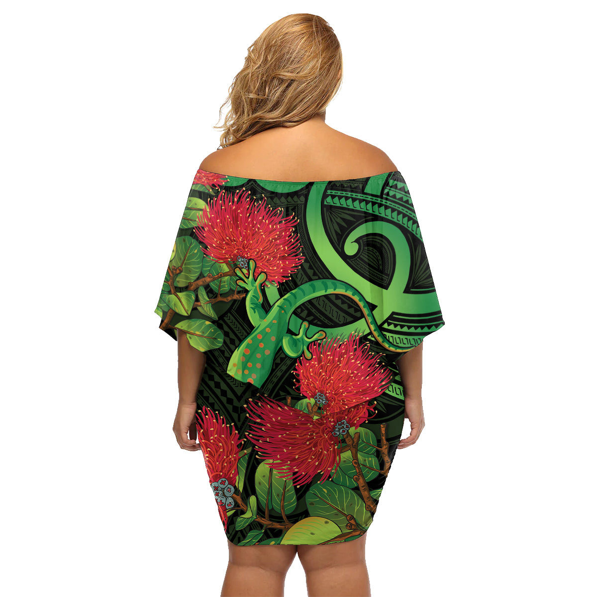 New Zealand Gecko Family Matching Off Shoulder Short Dress and Hawaiian Shirt Aotearoa Maori With Pohutukawa Flowers LT14 - Polynesian Pride