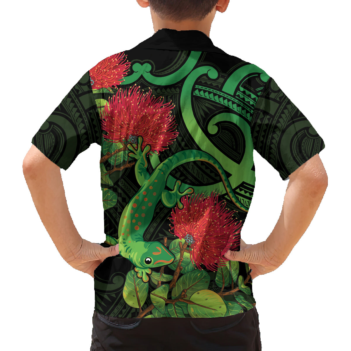 New Zealand Gecko Family Matching Puletasi and Hawaiian Shirt Aotearoa Maori With Pohutukawa Flowers LT14 - Polynesian Pride
