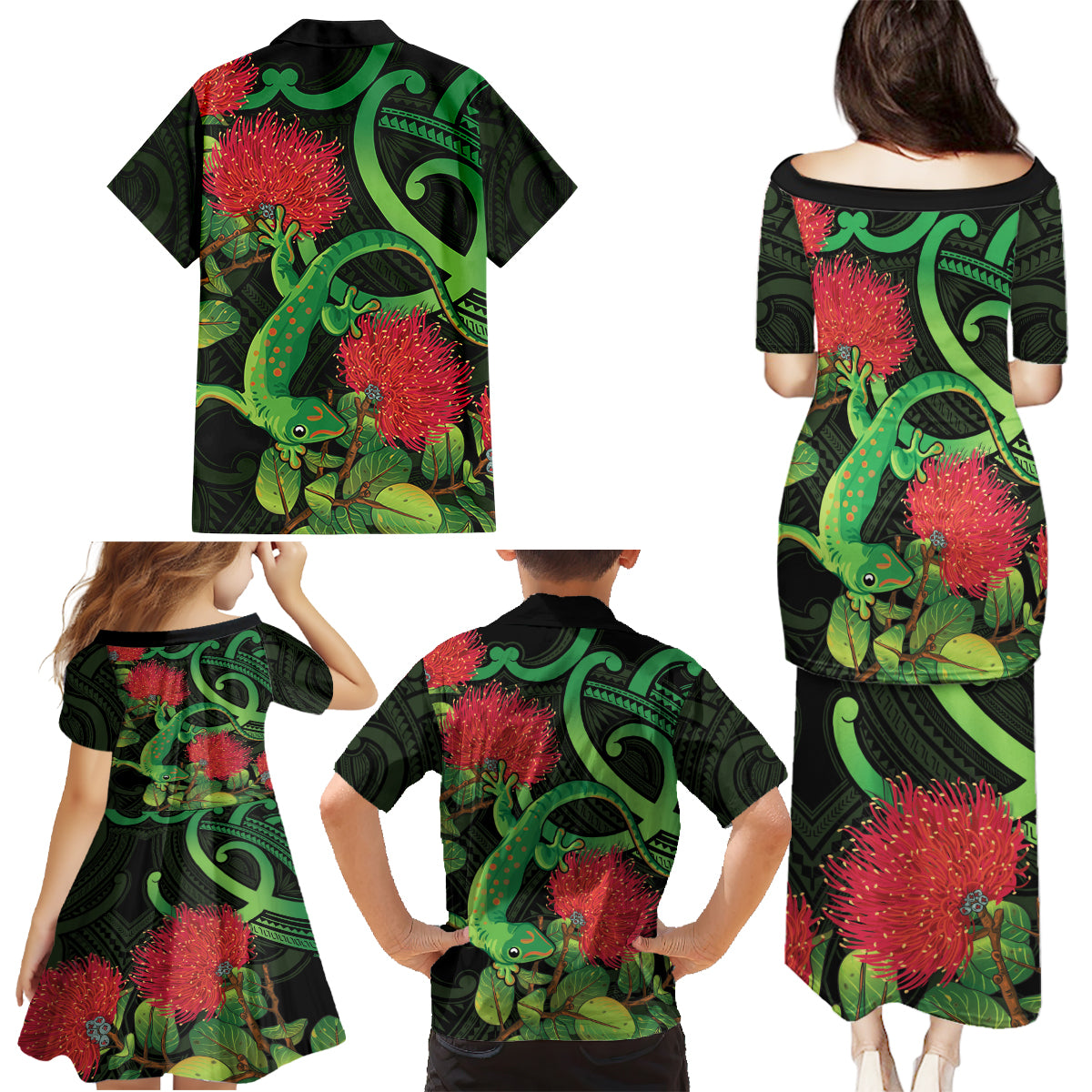 New Zealand Gecko Family Matching Puletasi and Hawaiian Shirt Aotearoa Maori With Pohutukawa Flowers LT14 - Polynesian Pride