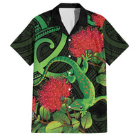 New Zealand Gecko Family Matching Puletasi and Hawaiian Shirt Aotearoa Maori With Pohutukawa Flowers LT14 Dad's Shirt - Short Sleeve Black - Polynesian Pride
