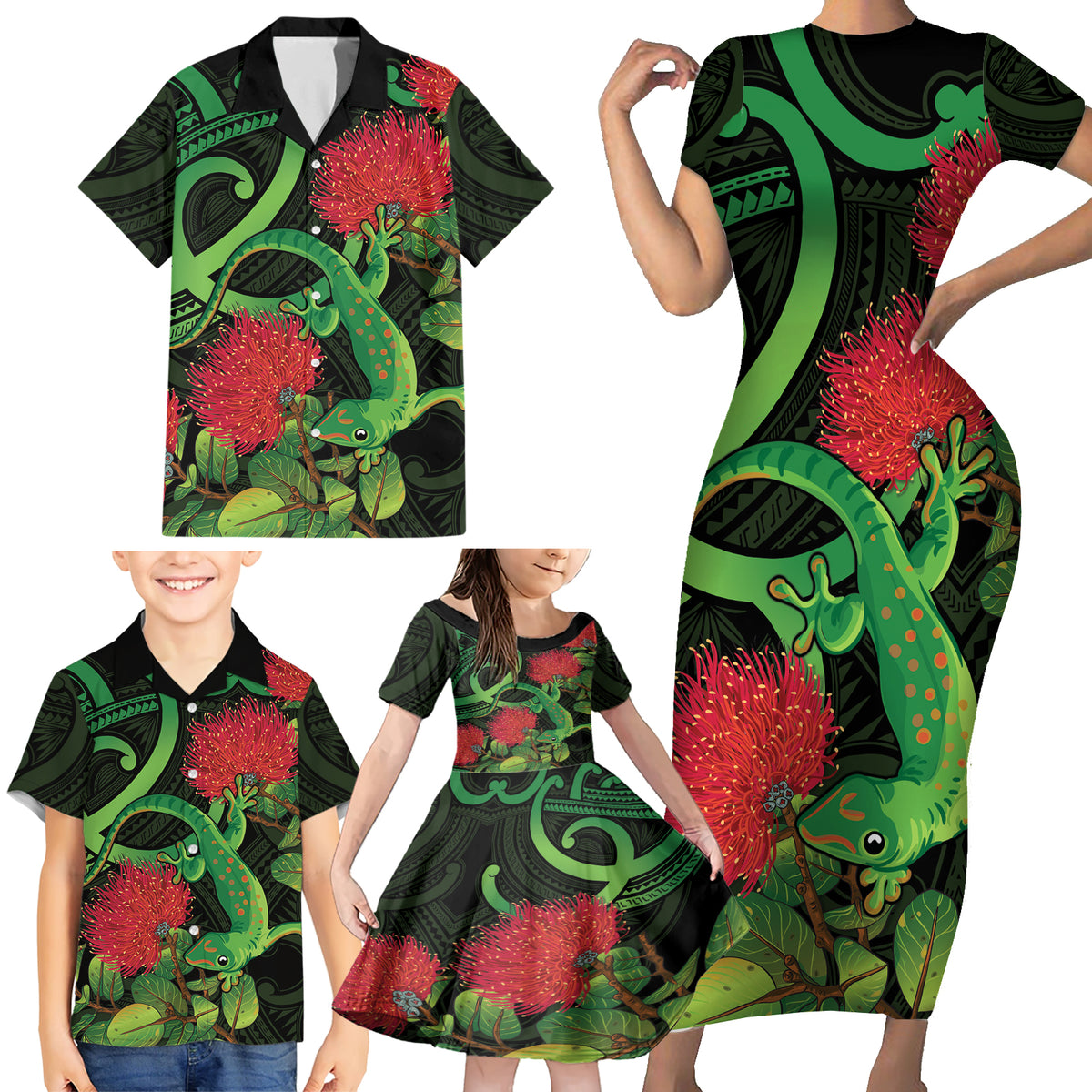 New Zealand Gecko Family Matching Short Sleeve Bodycon Dress and Hawaiian Shirt Aotearoa Maori With Pohutukawa Flowers LT14 - Polynesian Pride