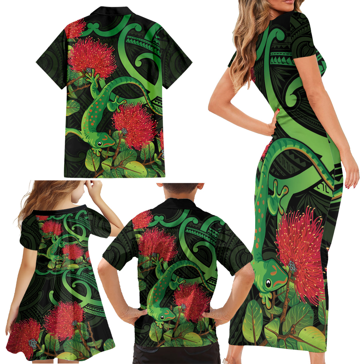 New Zealand Gecko Family Matching Short Sleeve Bodycon Dress and Hawaiian Shirt Aotearoa Maori With Pohutukawa Flowers LT14 - Polynesian Pride