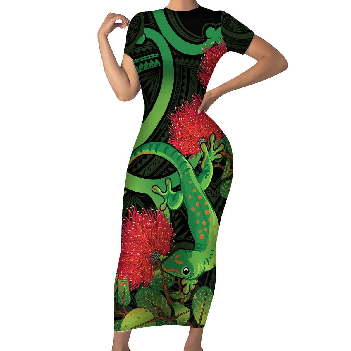 New Zealand Gecko Family Matching Short Sleeve Bodycon Dress and Hawaiian Shirt Aotearoa Maori With Pohutukawa Flowers LT14 Mom's Dress Black - Polynesian Pride
