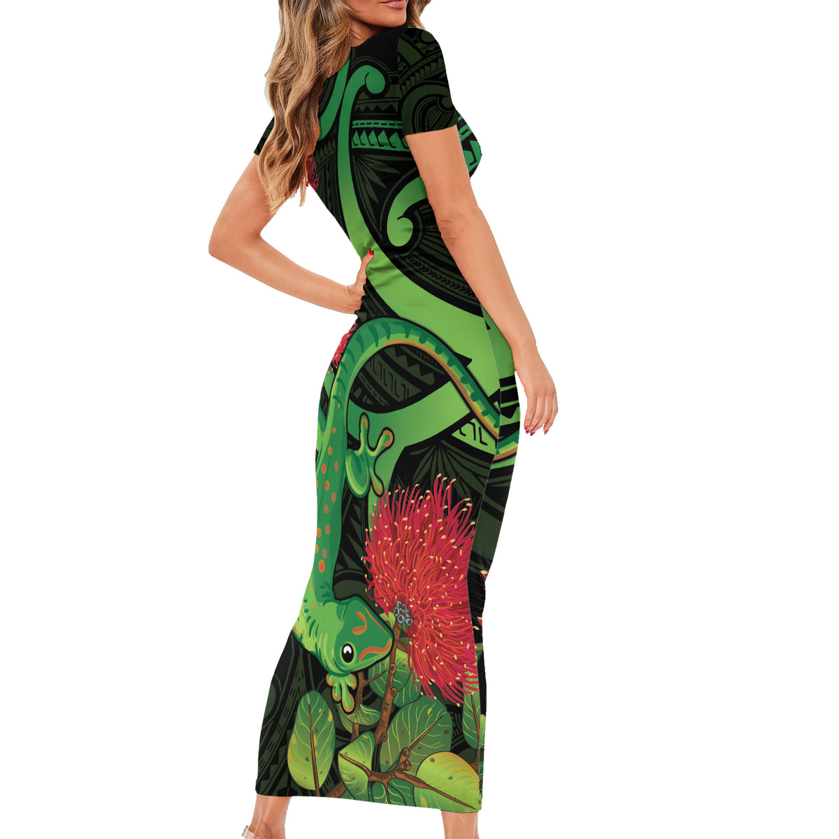 New Zealand Gecko Family Matching Short Sleeve Bodycon Dress and Hawaiian Shirt Aotearoa Maori With Pohutukawa Flowers LT14 - Polynesian Pride